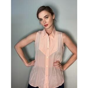 Vintage Silk Sleeveless Button-down Blouse ~ Perfectly Pleated & Pink ~ Sz L